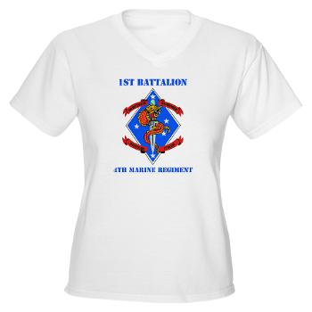 1B4M - A01 - 04 - 1st Battalion 4th Marines with Text - Women's V-Neck T-Shirt