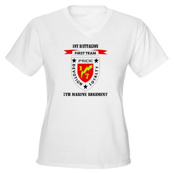 1B7M - A01 - 04 - 1st Battalion 7th Marines with Text Women's V-Neck T-Shirt - Click Image to Close