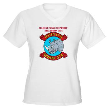 MWSS374 - A01 - 04 - Marine Wing Support Squadron 374 with Text - Women's V -Neck T-Shirt